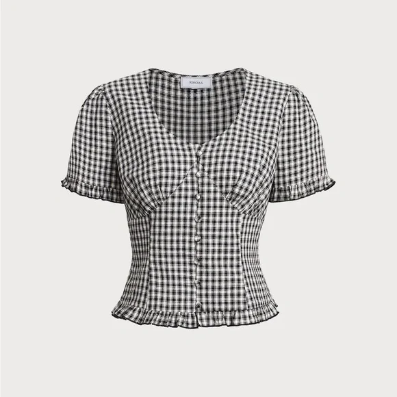 Rihoas Black Plaid V Neck Ruffle Blouse - Picture 5 of 9